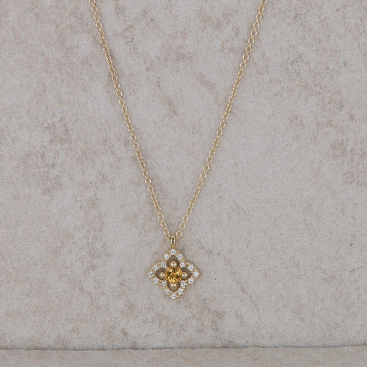 14k Yellow Gold Floral Design Diamond Halo and Citrine Necklace