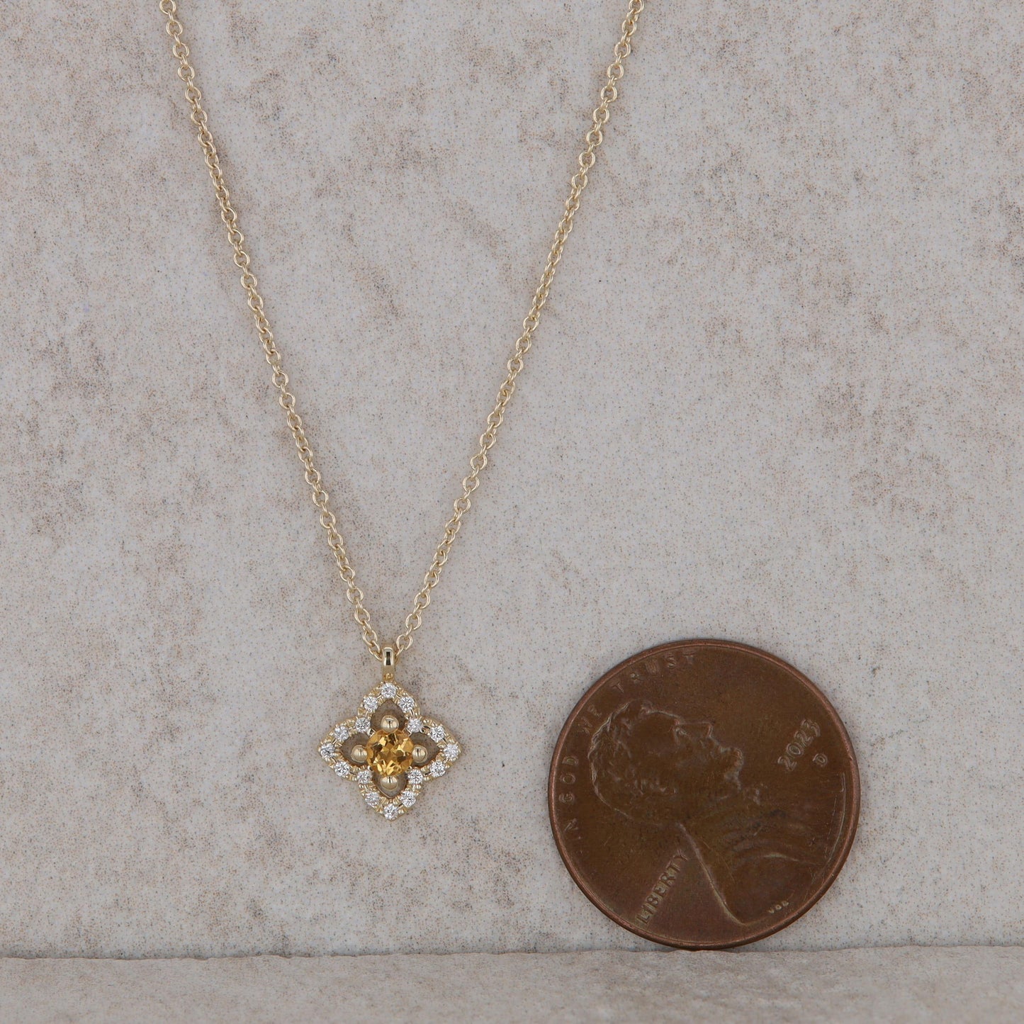 14k Yellow Gold Floral Design Diamond Halo and Citrine Necklace