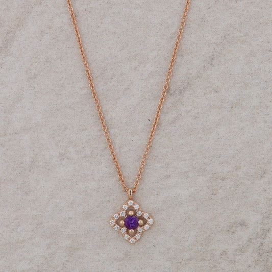 14k Rose Gold Floral Design Diamond Halo and Amethyst Necklace