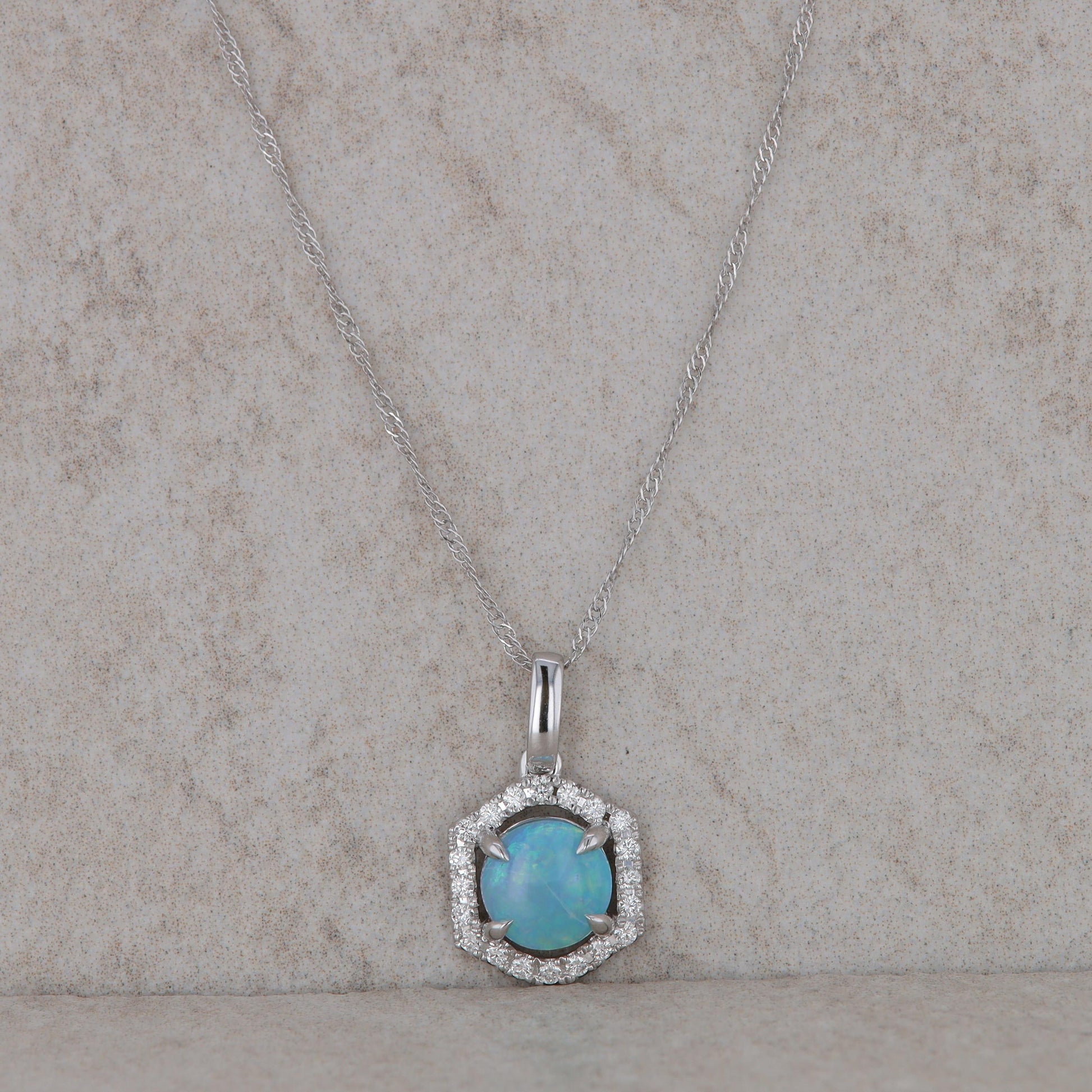 14k White Gold Diamond and Opal Hexagonal Halo Necklace