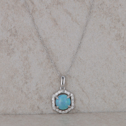 14k White Gold Diamond and Opal Hexagonal Halo Necklace