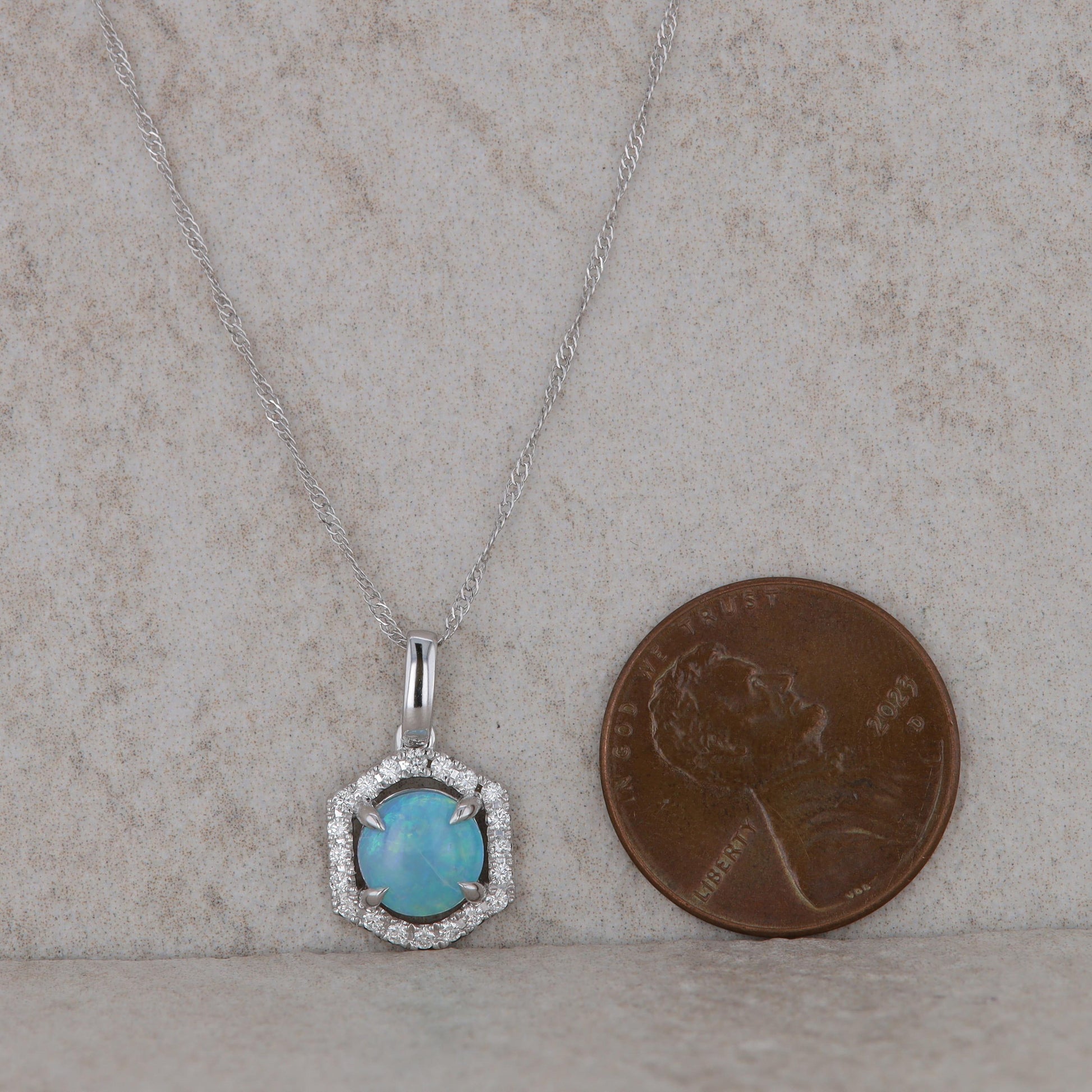 14k White Gold Diamond and Opal Hexagonal Halo Necklace