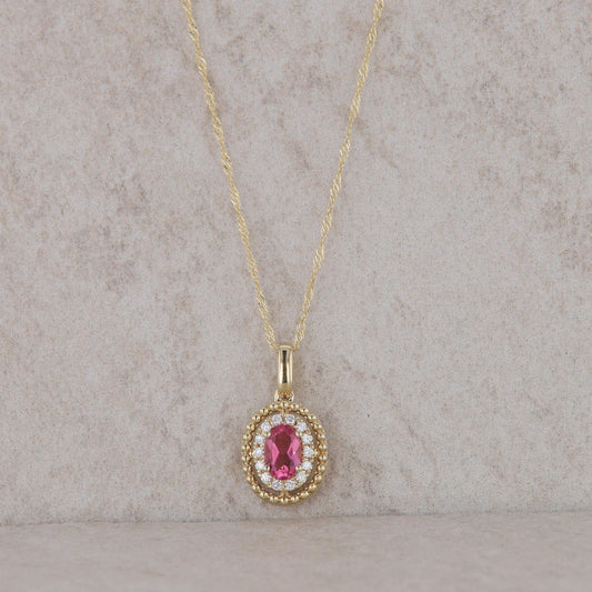 14k Yellow Gold Diamond Halo Oval Pink Tourmaline Necklace