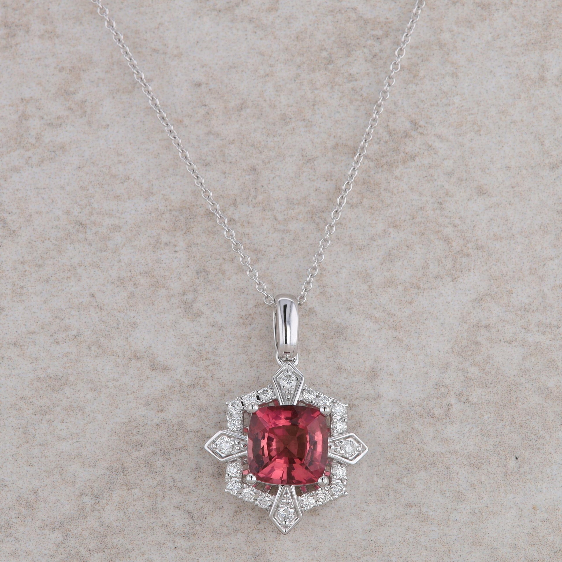 14k White Gold Diamond Halo with Cushion Pink Tourmaline Necklace