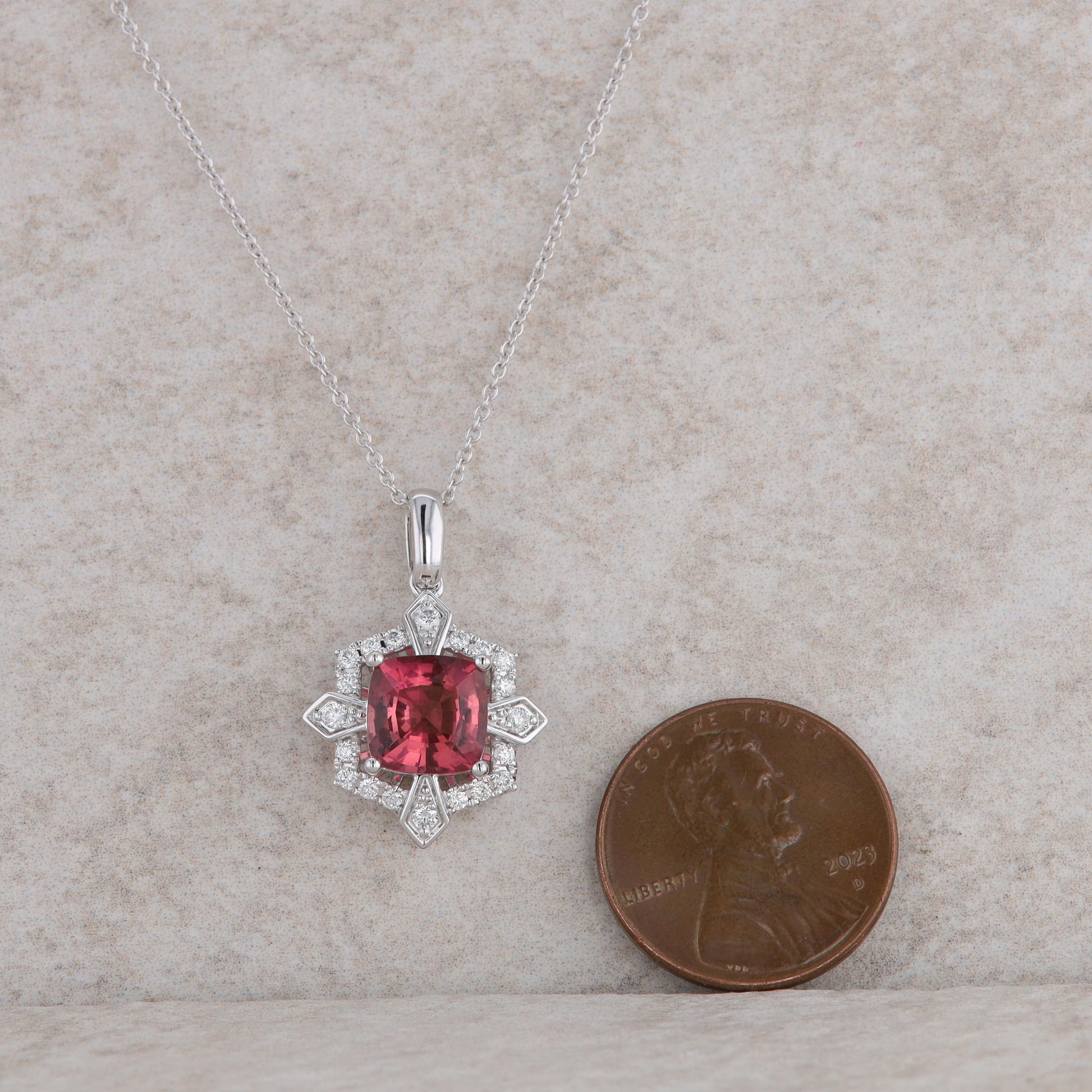 14k White Gold Diamond Halo with Cushion Pink Tourmaline Necklace