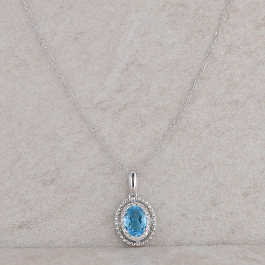 14k White Gold Diamond Oval Halo and Blue Topaz Necklace