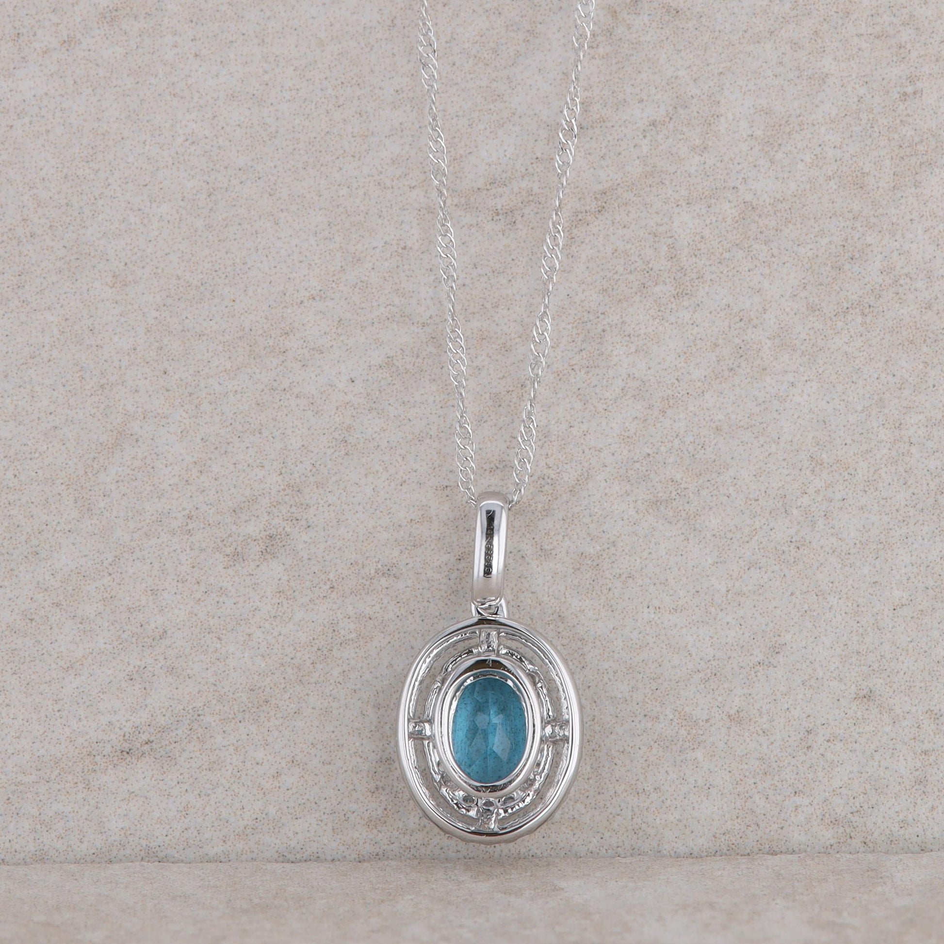 14k White Gold Diamond Oval Halo and Blue Topaz Necklace