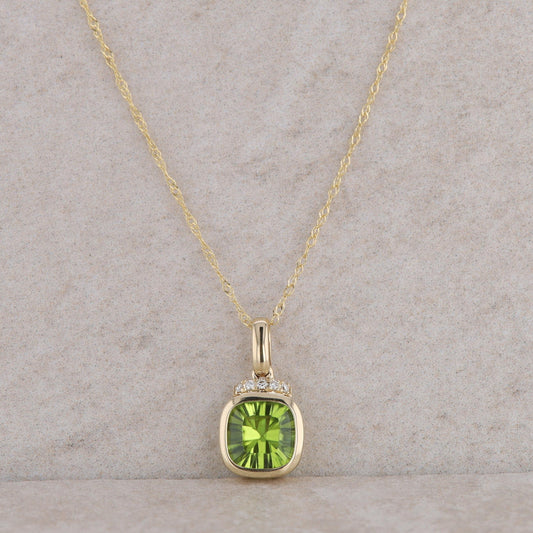 14k Yellow Gold Diamond and Cushion Peridot Necklace