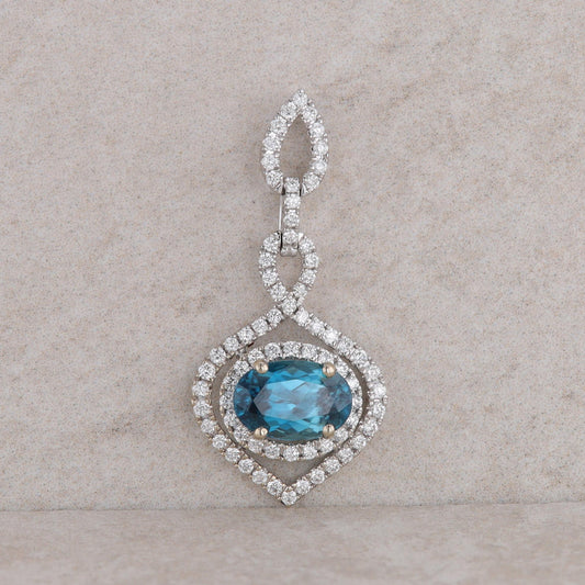 18k White Gold Diamond Twist Halo and Blue Zircon Pendant