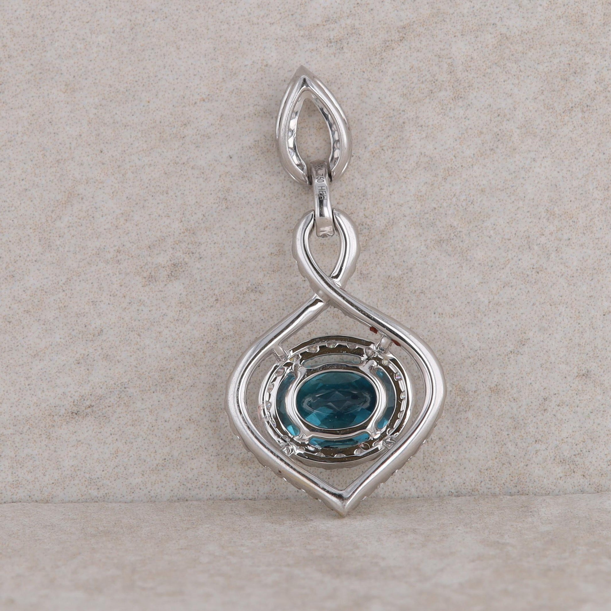 18k White Gold Diamond Twist Halo and Blue Zircon Pendant