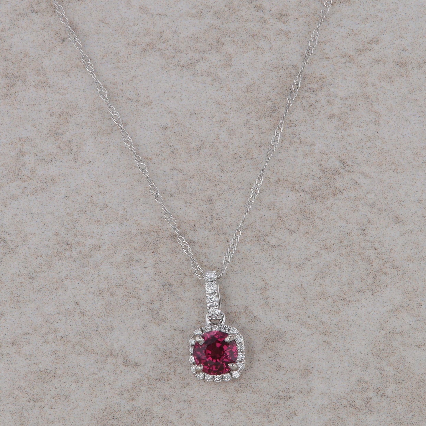 14k White Gold Rhodolite Garnet Diamond Halo Necklace