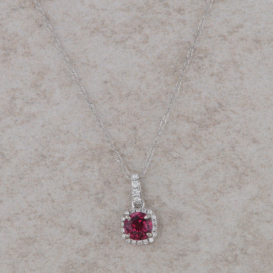 14k White Gold Rhodolite Garnet Diamond Halo Necklace