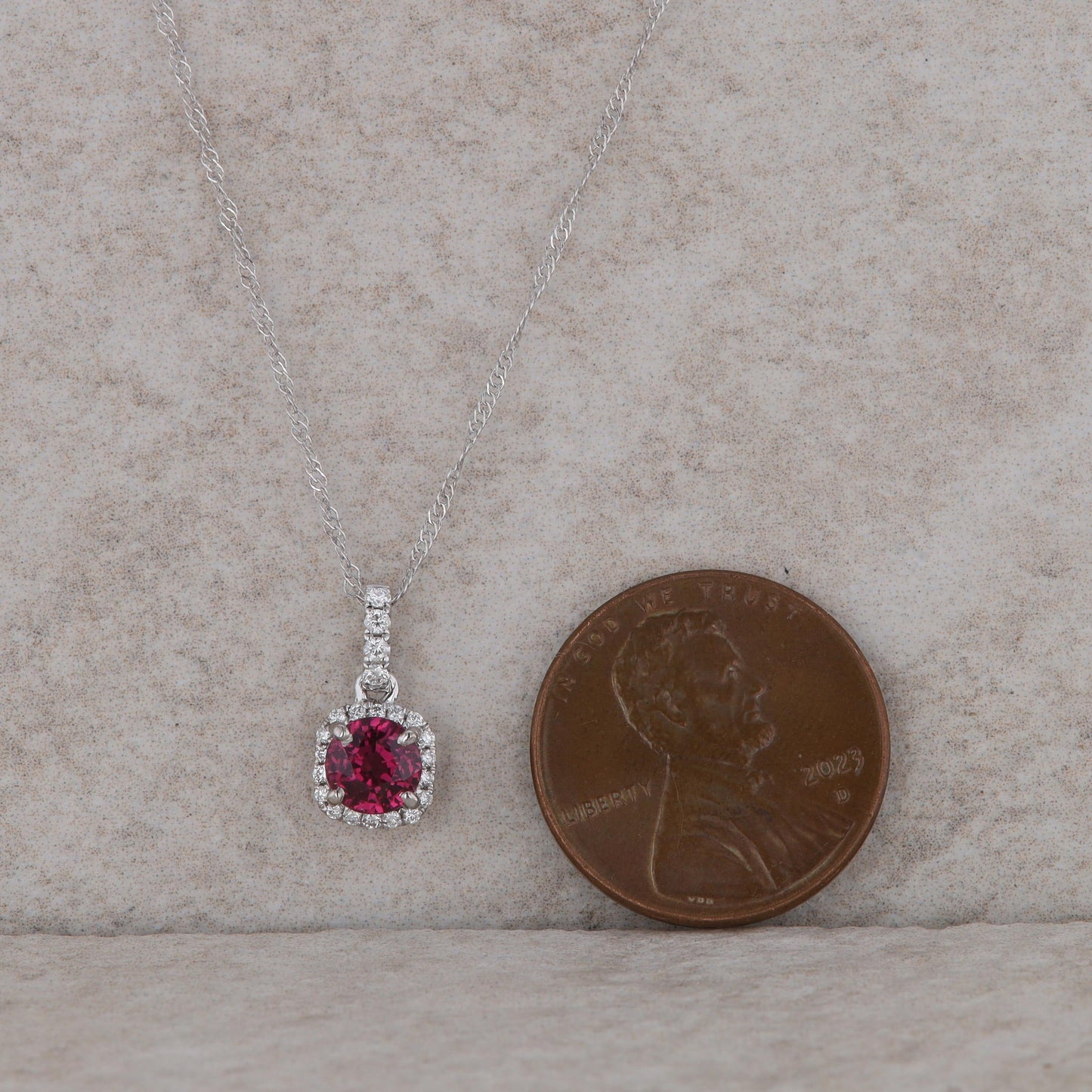 14k White Gold Rhodolite Garnet Diamond Halo Necklace