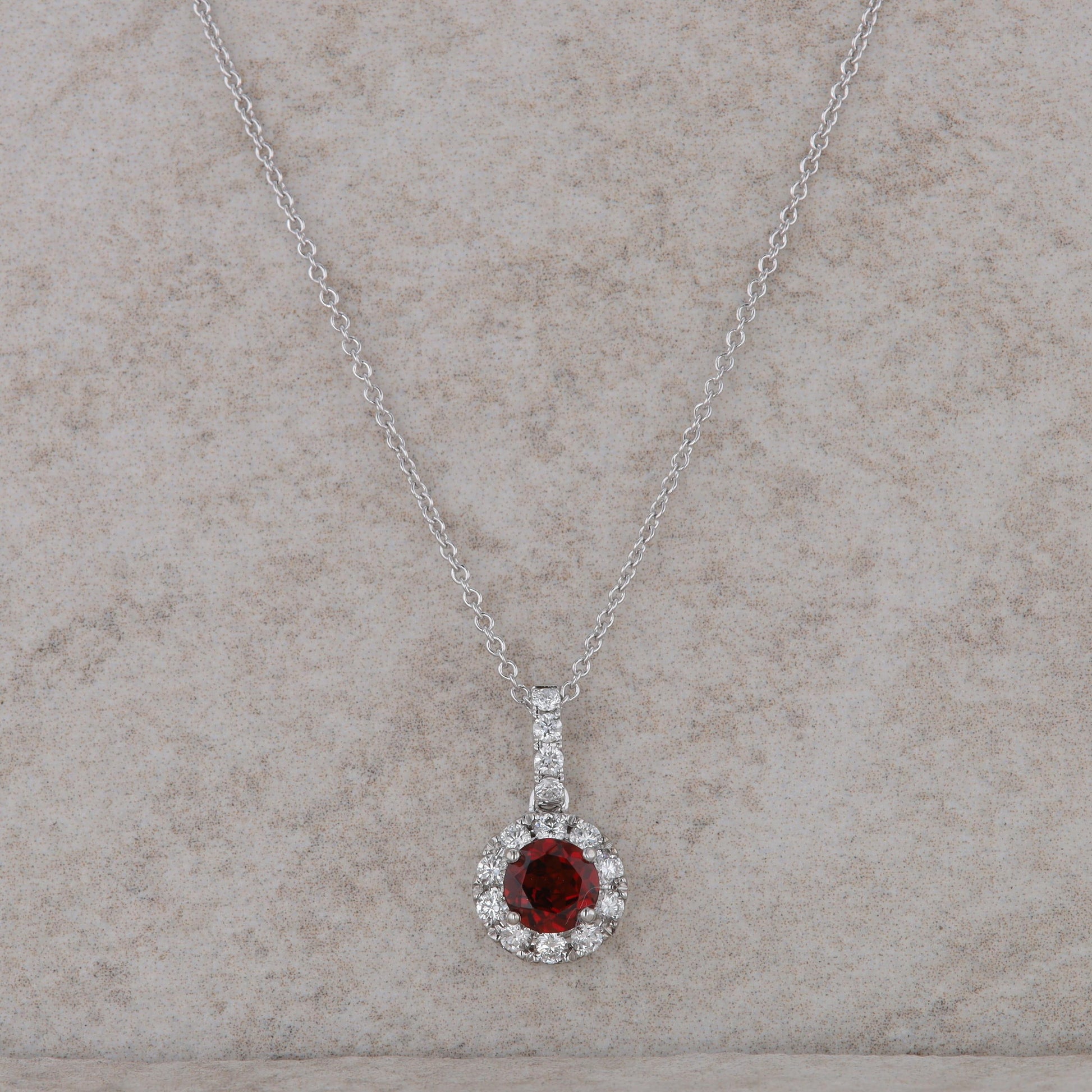 14k White Gold Garnet Diamond Halo Necklace