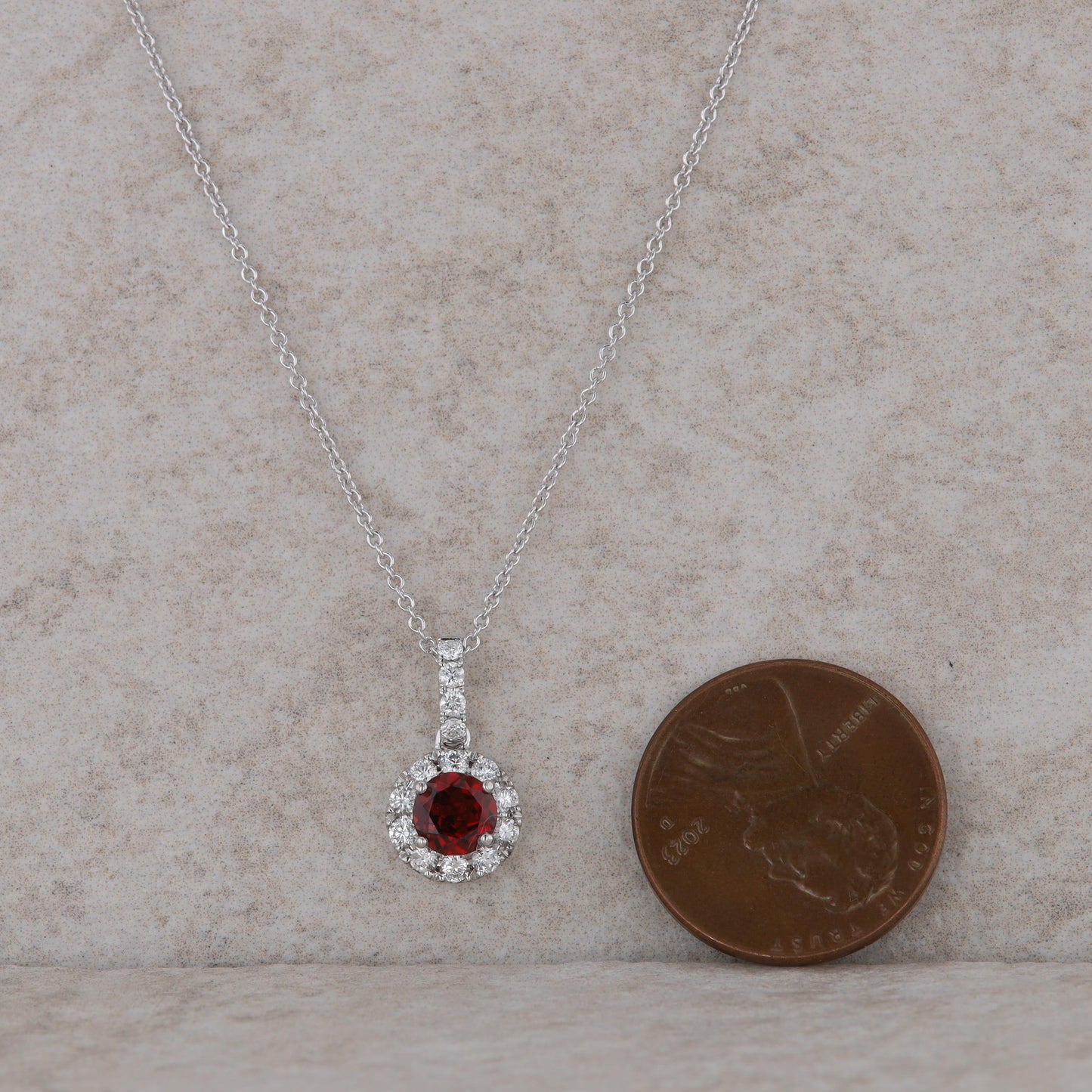 14k White Gold Garnet Diamond Halo Necklace