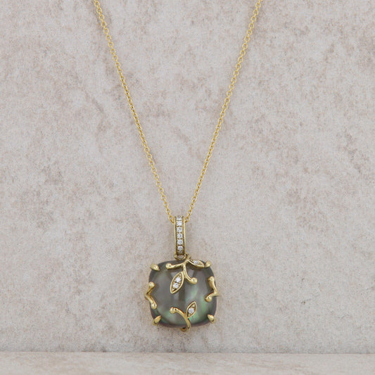 18k Yellow Gold White Topaz, Diamond, and Black Mother of Pearl Necklace