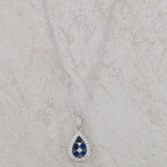 14k White Gold Sapphire and Diamond Teardrop Necklace