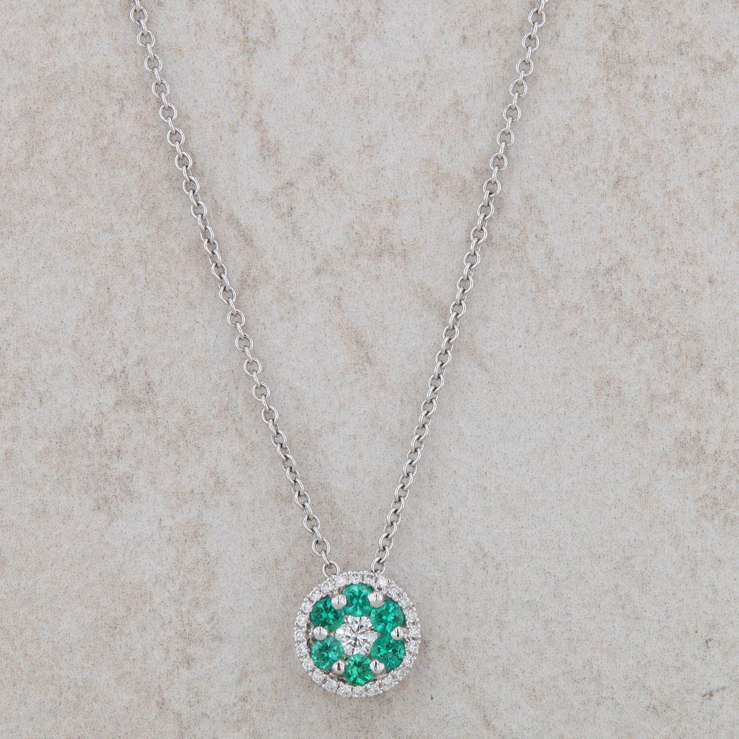 18k White Gold Emerald and Diamond Circle Halo Necklace