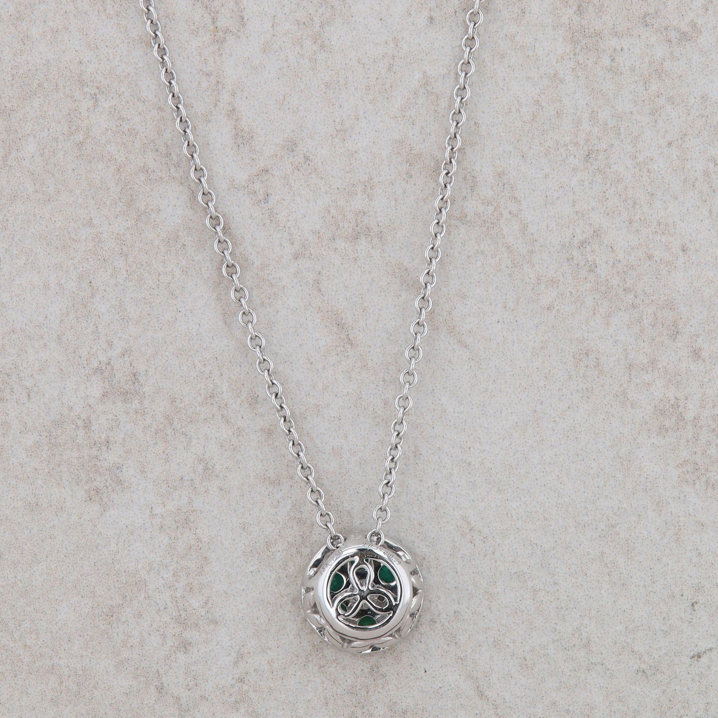 18k White Gold Emerald and Diamond Circle Halo Necklace