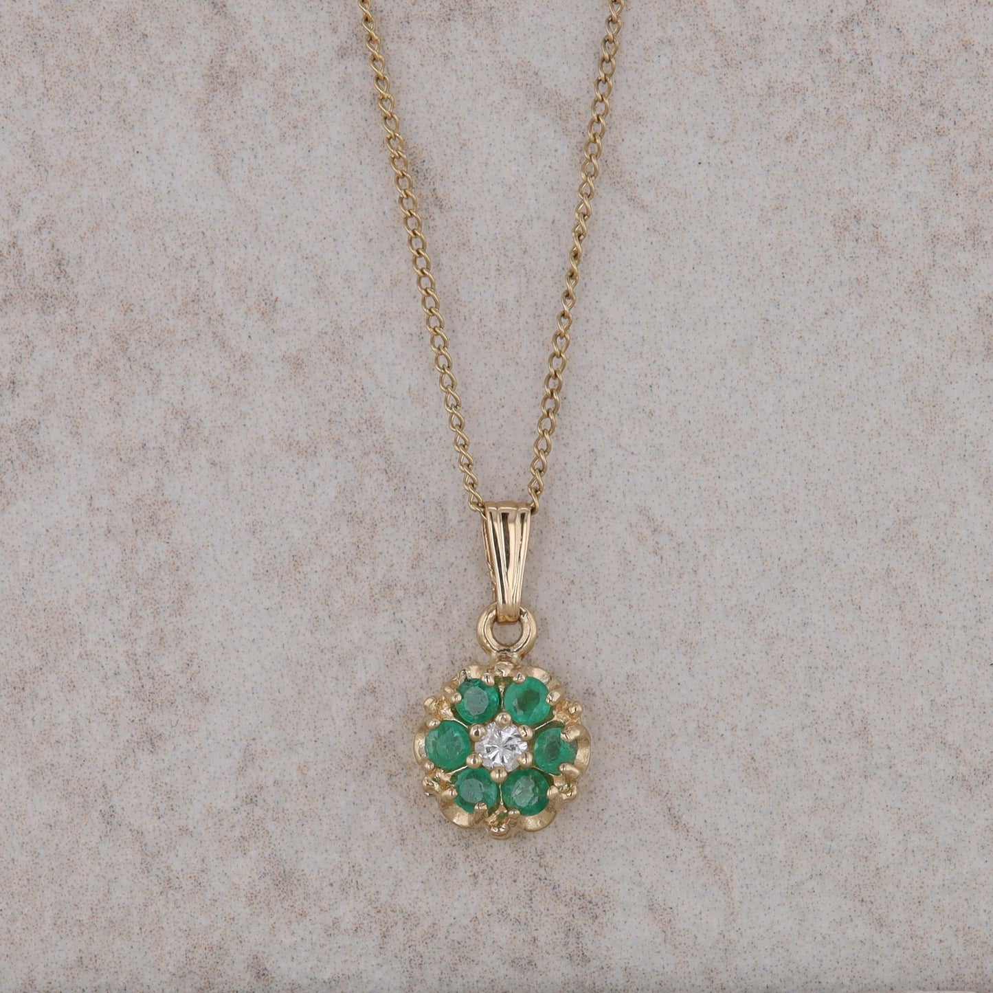 14k Yellow Gold Emerald and Diamond Flower Style Necklace