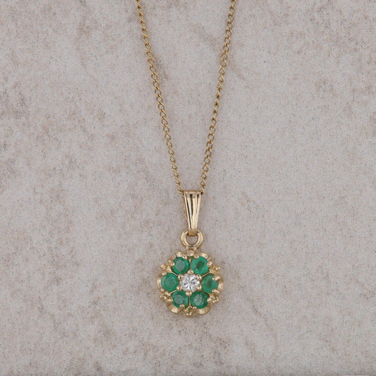 14k Yellow Gold Emerald and Diamond Flower Style Necklace