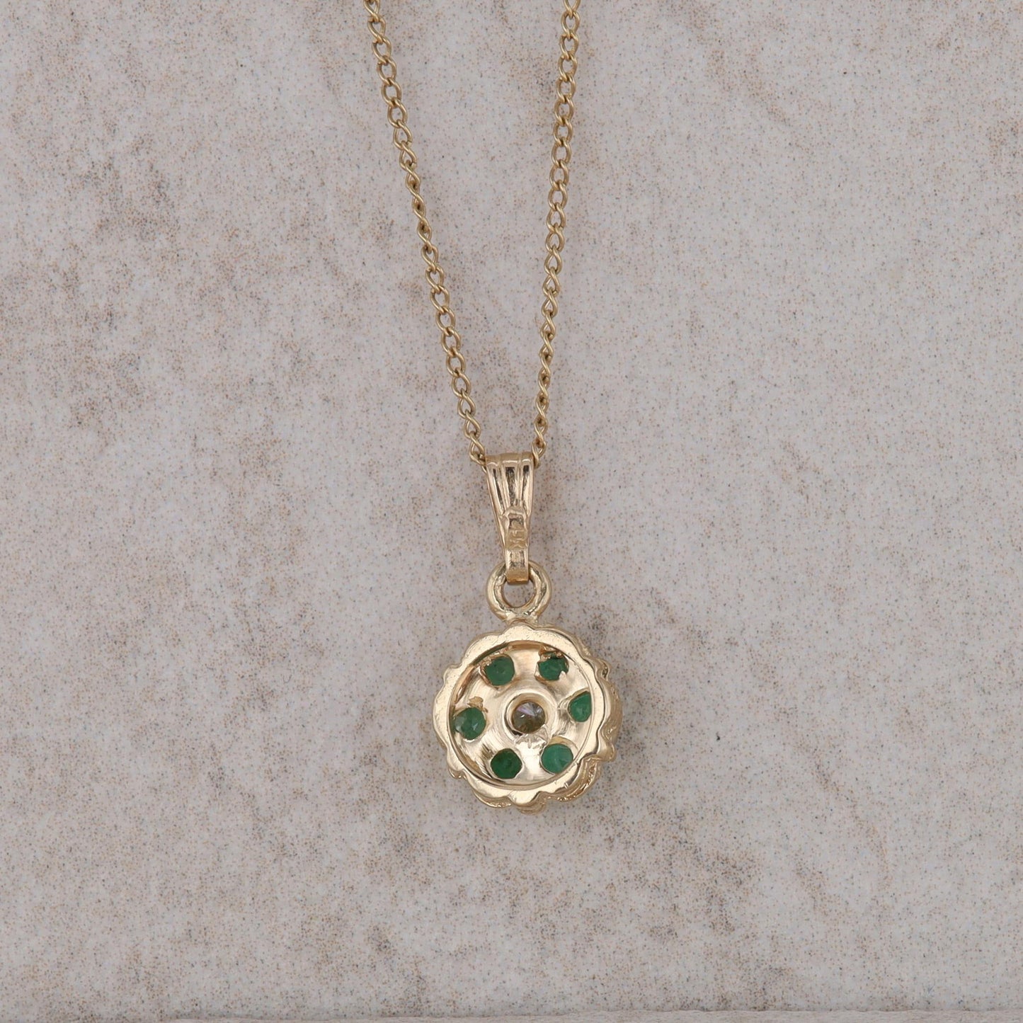 14k Yellow Gold Emerald and Diamond Flower Style Necklace