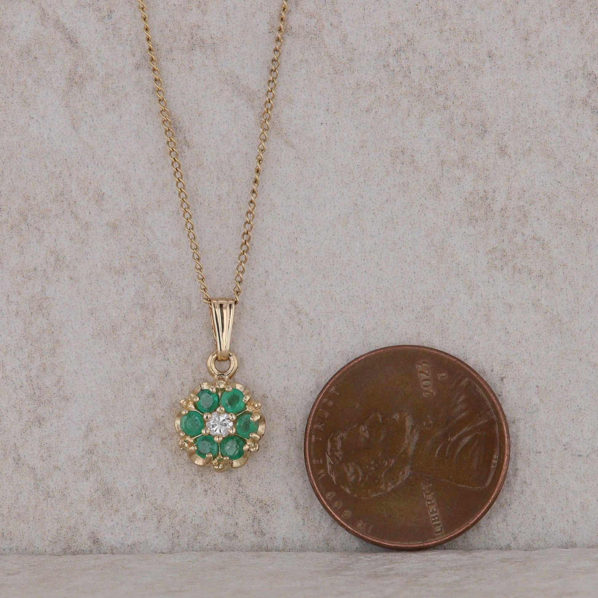 14k Yellow Gold Emerald and Diamond Flower Style Necklace