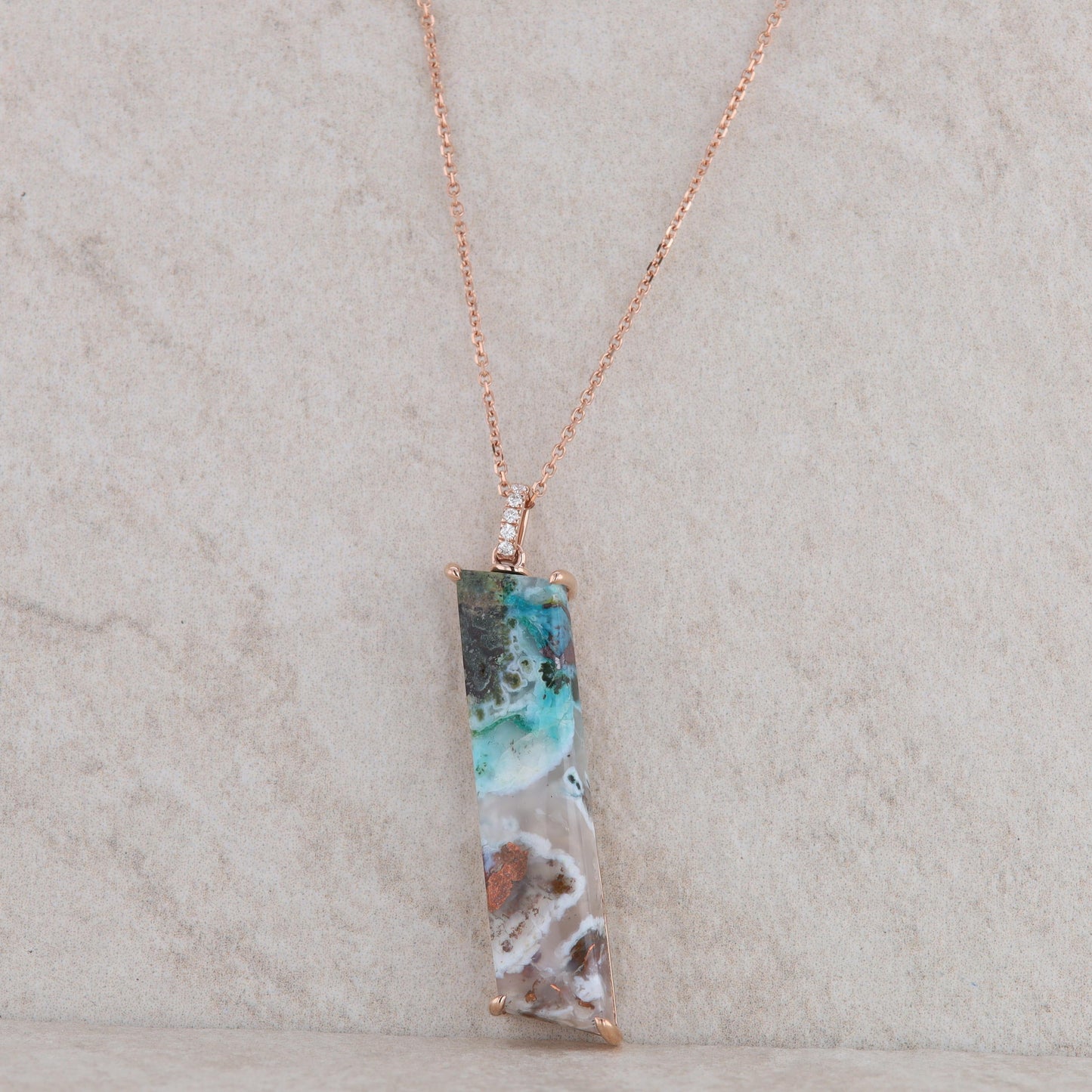 14k Rose Gold Blue Opal Copper Quartz and Diamond Necklace