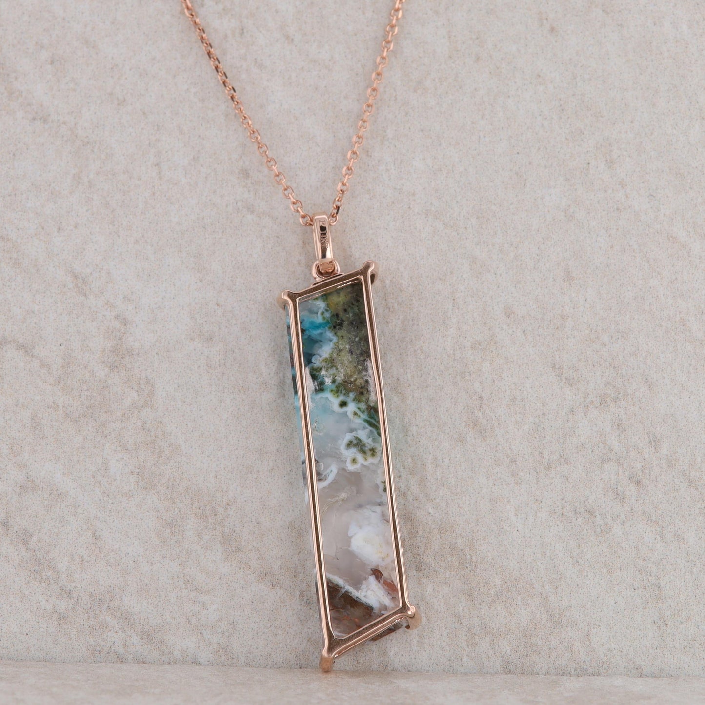 14k Rose Gold Blue Opal Copper Quartz and Diamond Necklace