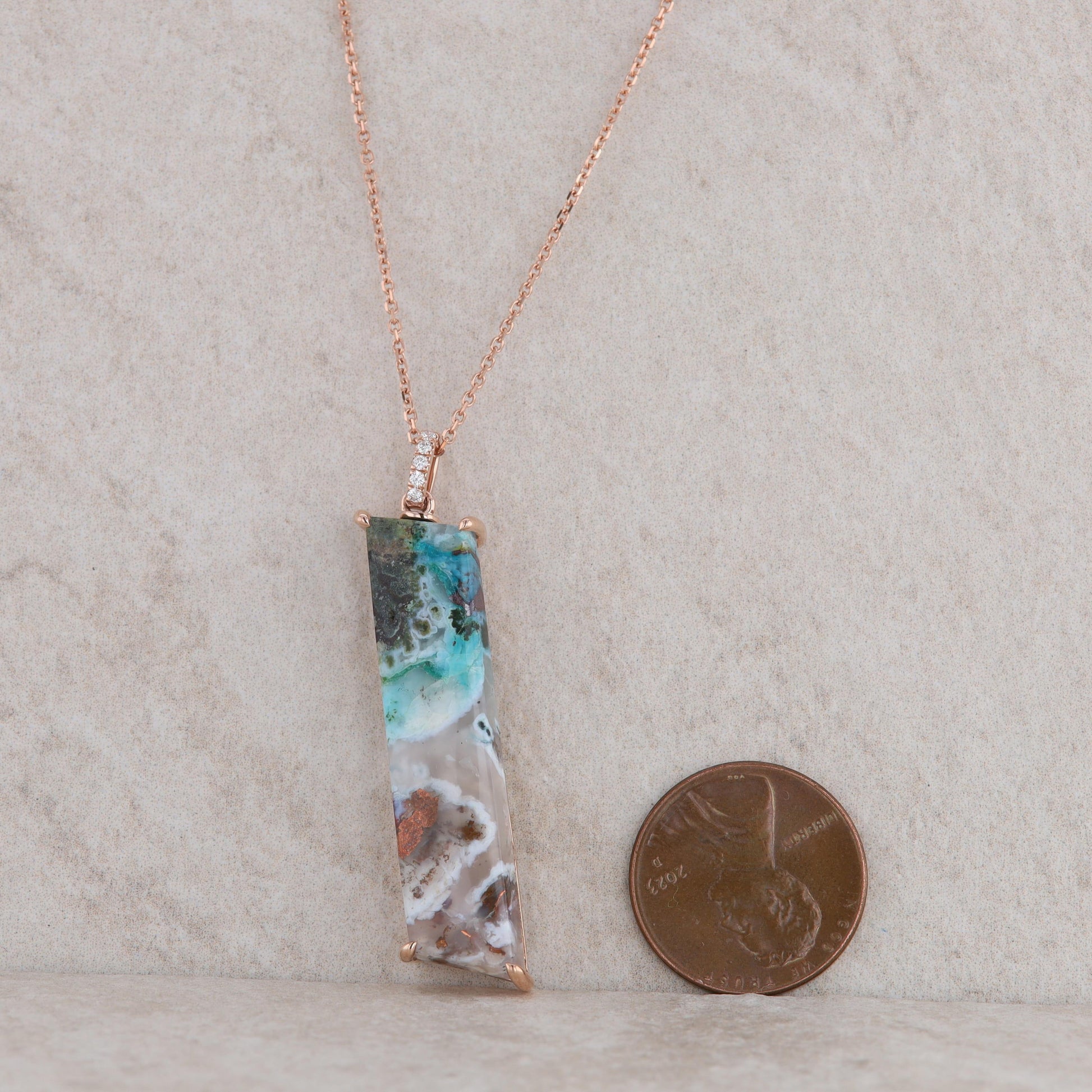 14k Rose Gold Blue Opal Copper Quartz and Diamond Necklace