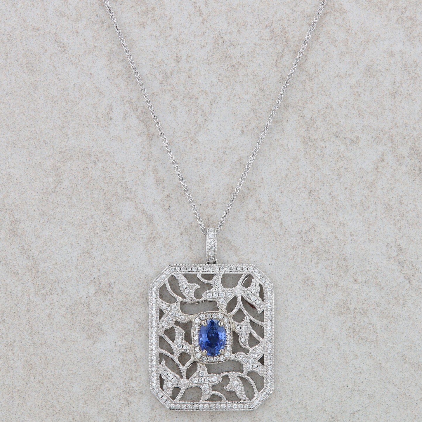 14k White Gold Oval Sapphire and Diamond Floral Necklace