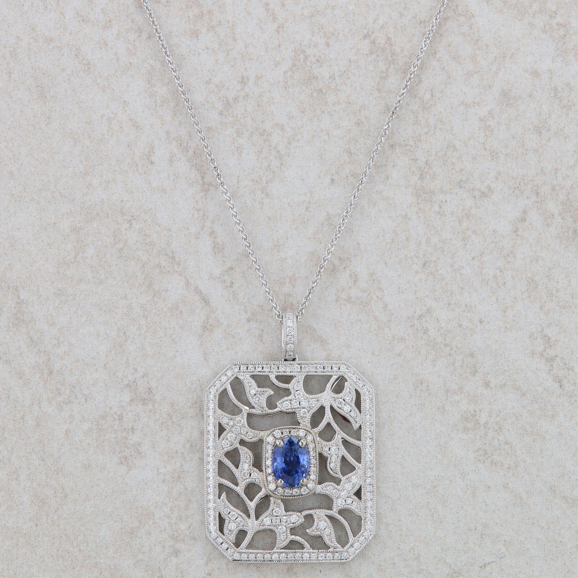 14k White Gold Oval Sapphire and Diamond Floral Necklace