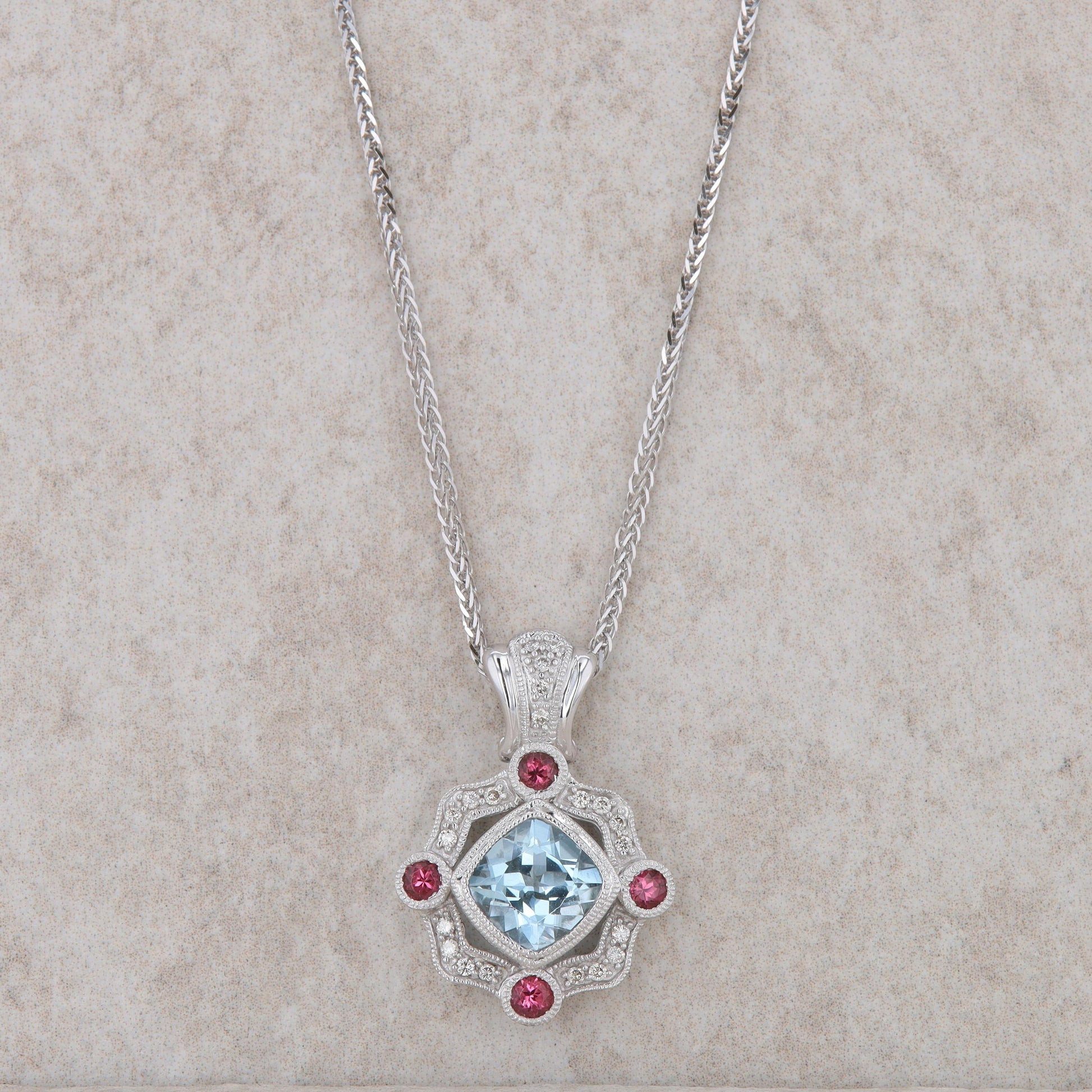 14k White Gold Aquamarine and Pink Tourmaline Necklace