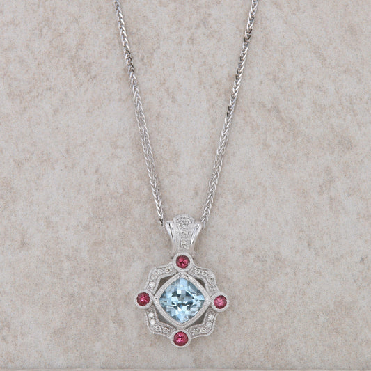 14k White Gold Aquamarine and Pink Tourmaline Necklace