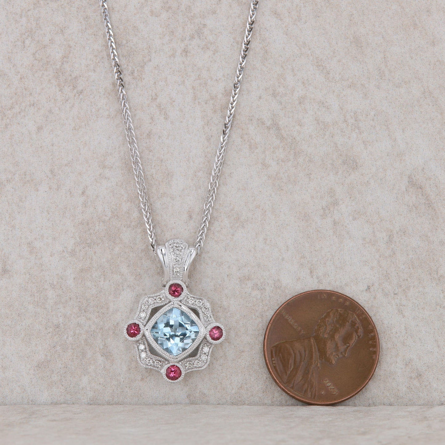 14k White Gold Aquamarine and Pink Tourmaline Necklace