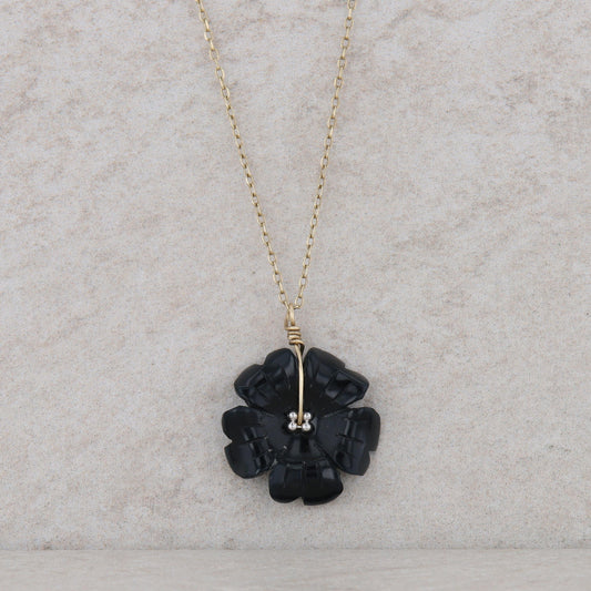 14k Yellow Gold Black Chalcedony Floral Necklace