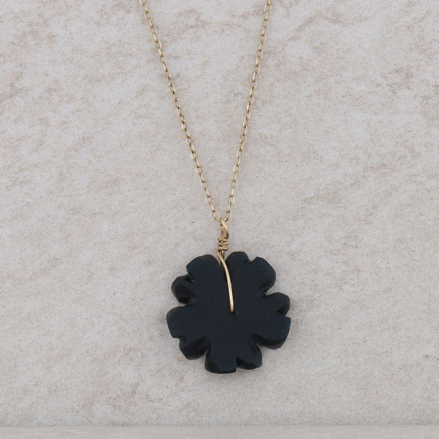 14k Yellow Gold Black Chalcedony Floral Necklace