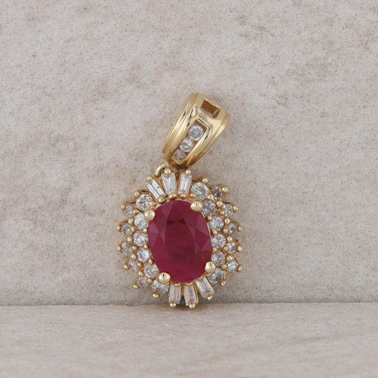 14k Yellow Gold Diamond Halo Oval Ruby Pendant