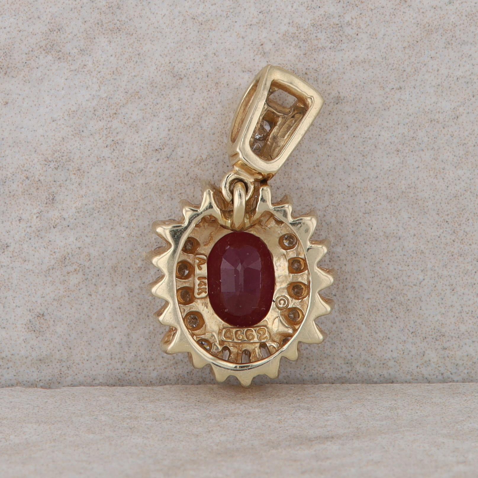 14k Yellow Gold Diamond Halo Oval Ruby Pendant