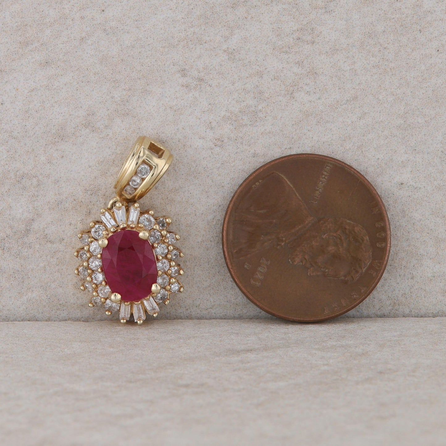 14k Yellow Gold Diamond Halo Oval Ruby Pendant