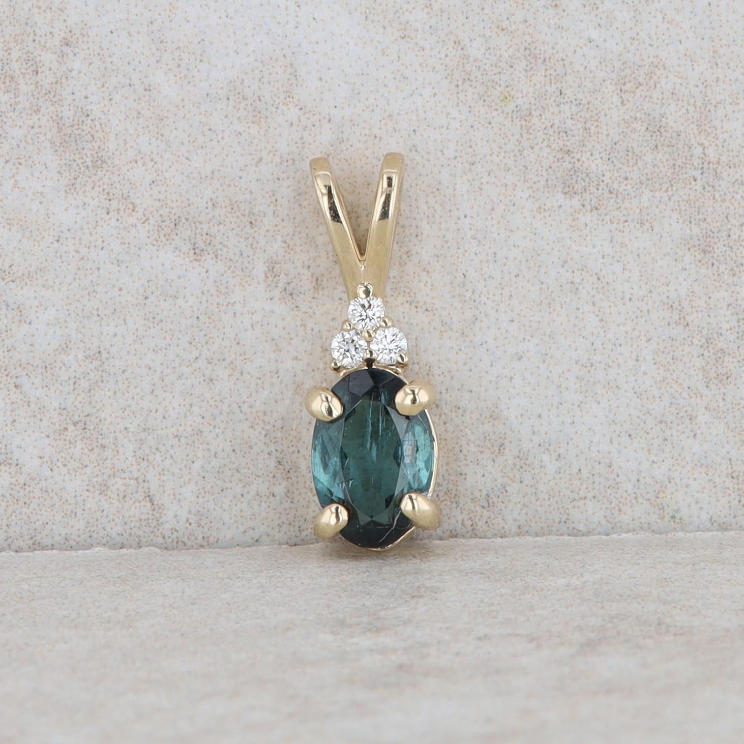 14k Yellow Gold Oval Green Tourmaline and Diamond Pendant