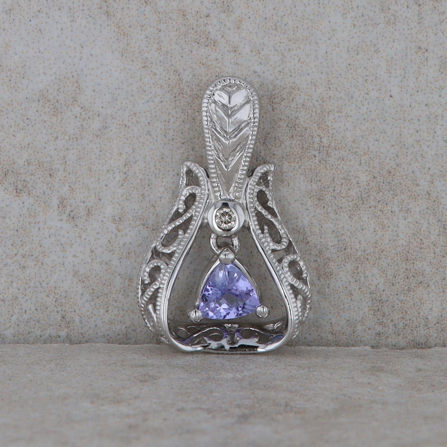 14k White Gold Trillion Tanzanite  and Diamond Pendant