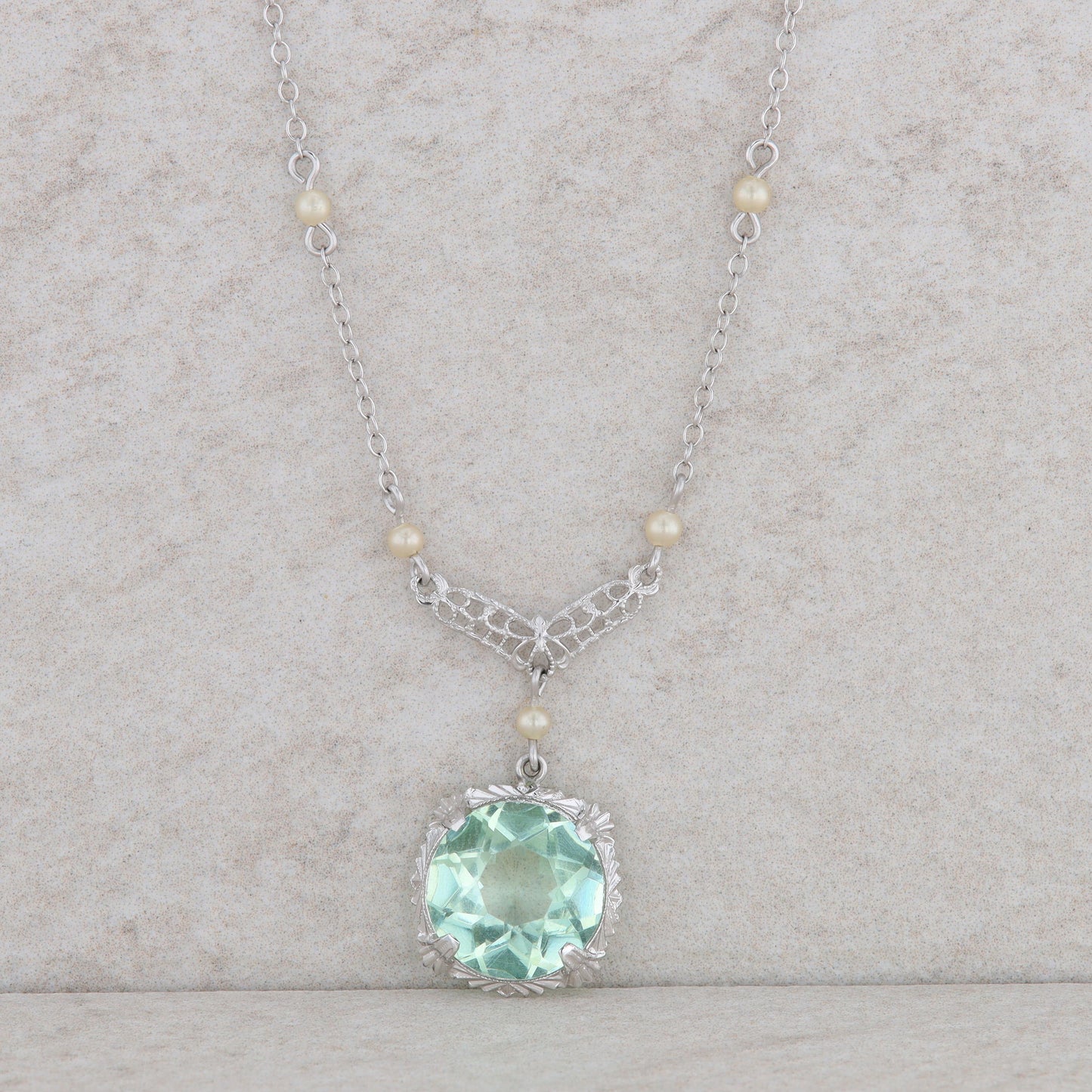 10k White Gold Green Quartz and Pearl Station Chain Necklace