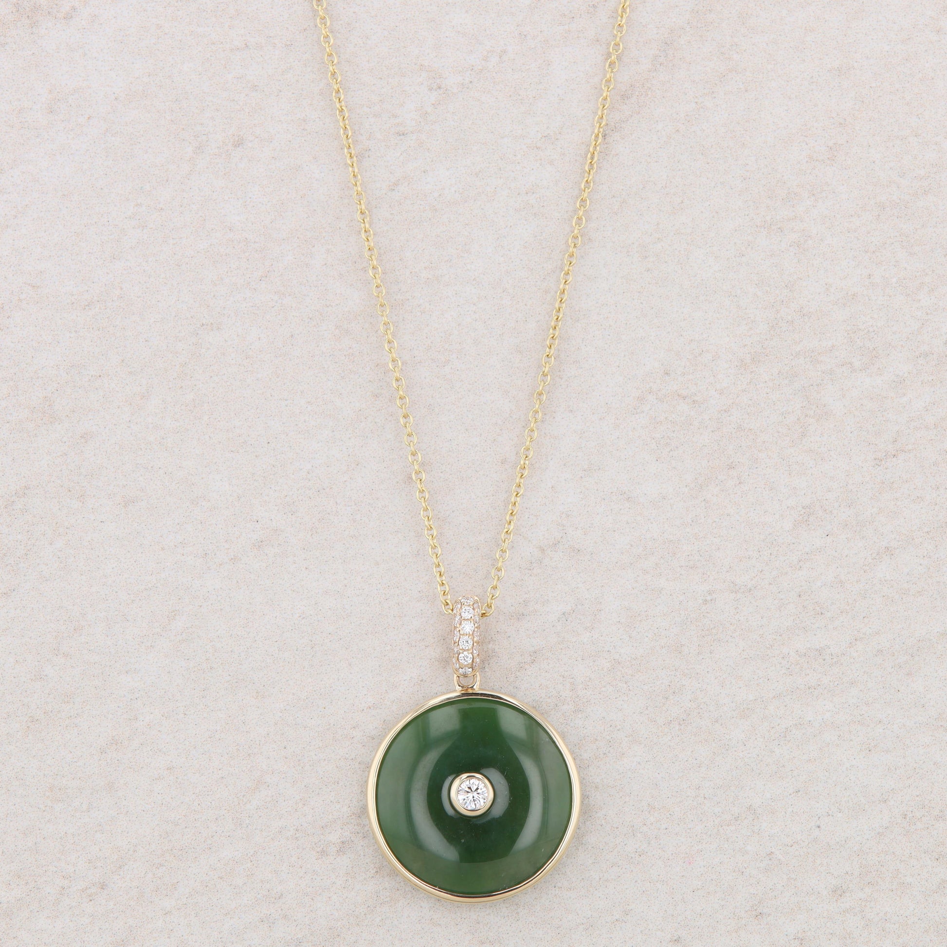 14k Yellow Gold Jade and Diamond Circle Disc Necklace