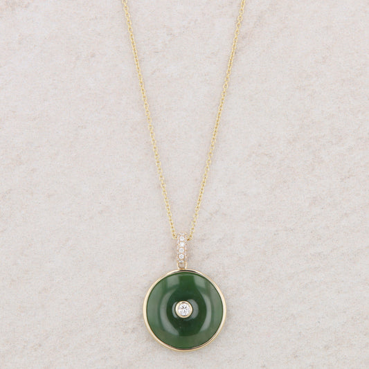 14k Yellow Gold Jade and Diamond Circle Disc Necklace