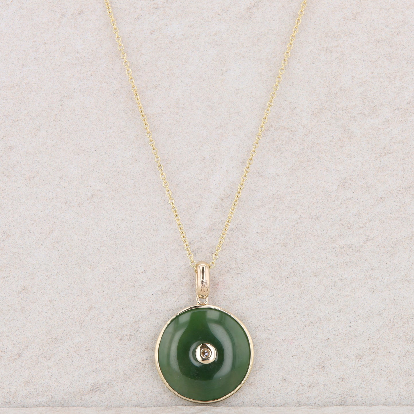 14k Yellow Gold Jade and Diamond Circle Disc Necklace