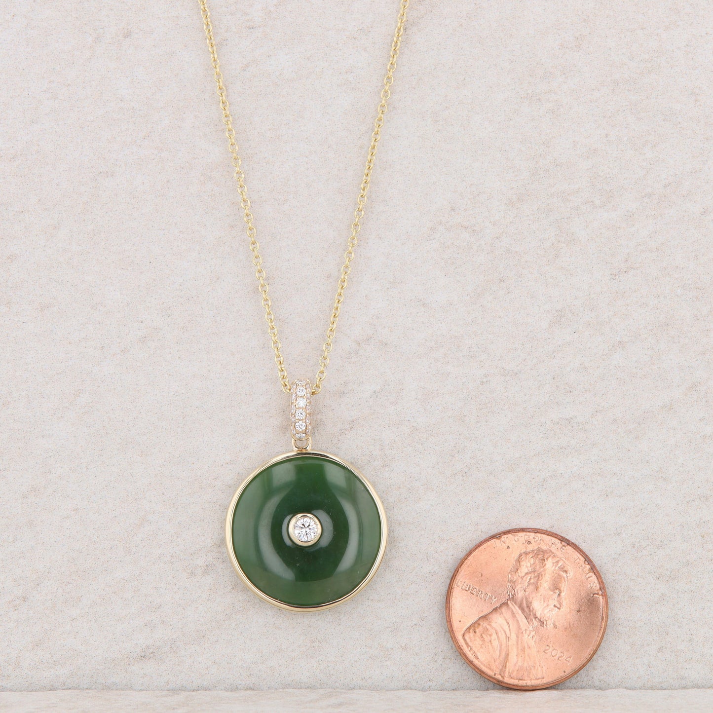 14k Yellow Gold Jade and Diamond Circle Disc Necklace