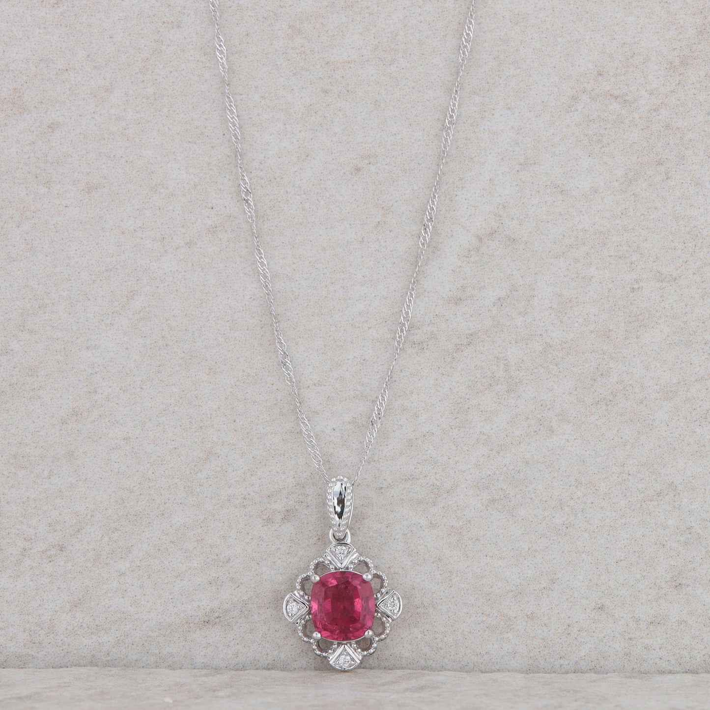 14k White Gold Cushion Pink Tourmaline and Diamond Filigree Necklace 18"