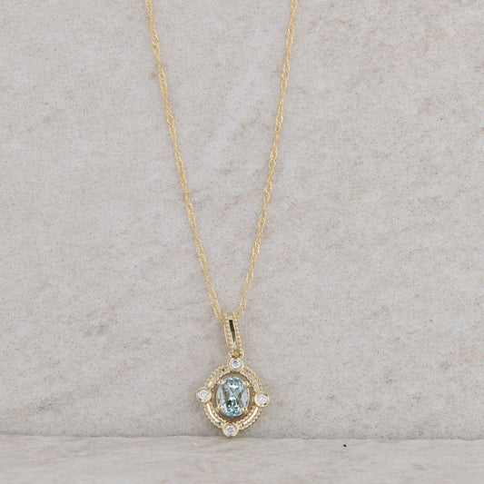 14k Yellow Gold Diamond and Oval Aquamarine Necklace 18"