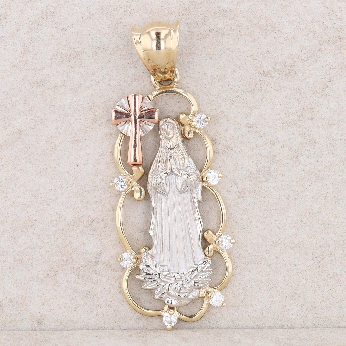 14k Yellow, White and Rose Gold Cubic Zirconia Religious Pendant